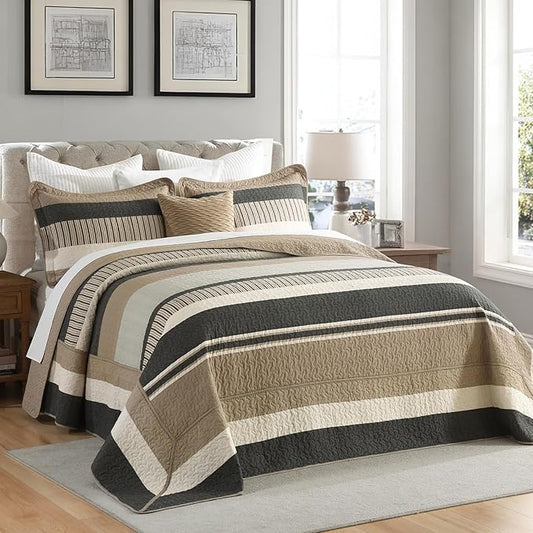 Finlonte Bedspread King Size 100% Cotton Oversized King Size Bedspreads Charcoal Brown Beige California King Quilted Bed Spread Striped Farmhouse Lightweight Soft Bedding Sets for All Season, 3 Piece
