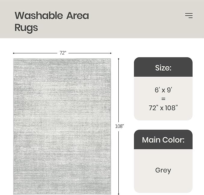 Valenrug Washable Rug 6x9 - Stain Resistant 6x9 Area Rugs for Living Room, Non Slip Backing Printed Rugs for Bedroom, Folable Machine Washable Area Rug (6'x9', Grey)