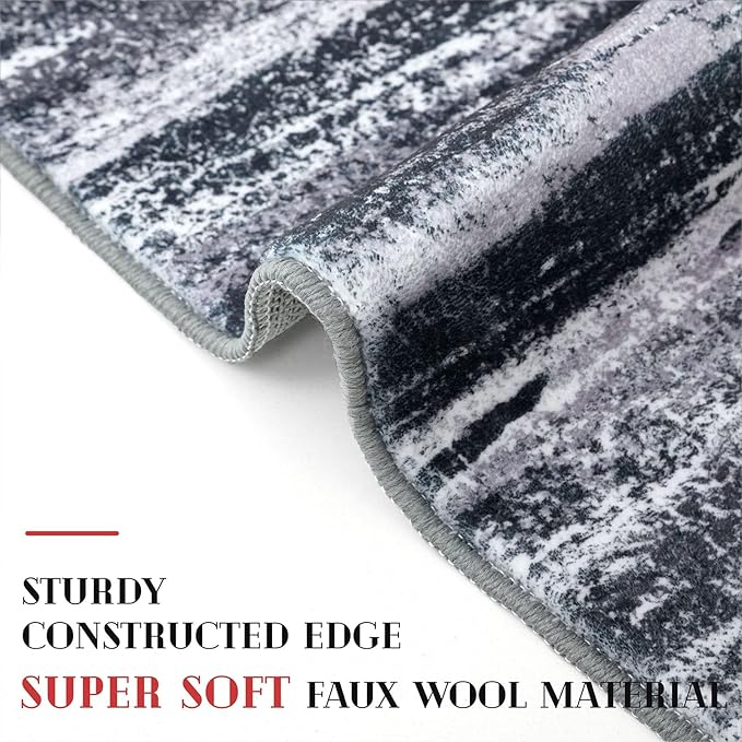Modern Abstract Runner Rug 2x6, Black Grey Washable Entryway Runner Non-Slip Soft Hallway Rug Runner Thin Print Faux Wool Carpet for Kitchen Bedroom Laundry Room Indoor