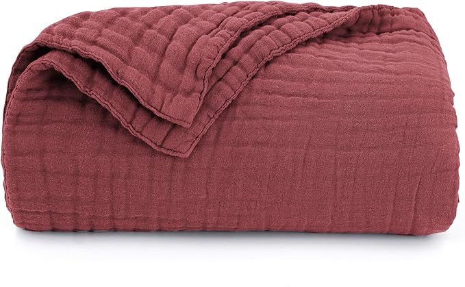 Love's cabin 6 Layer 100% Cotton Muslin Blanket, 90"x90" Muslin Blanket Queen for Couch Bed, Lightweight and Breathable Cotton Gauze for Adult, Wine Red