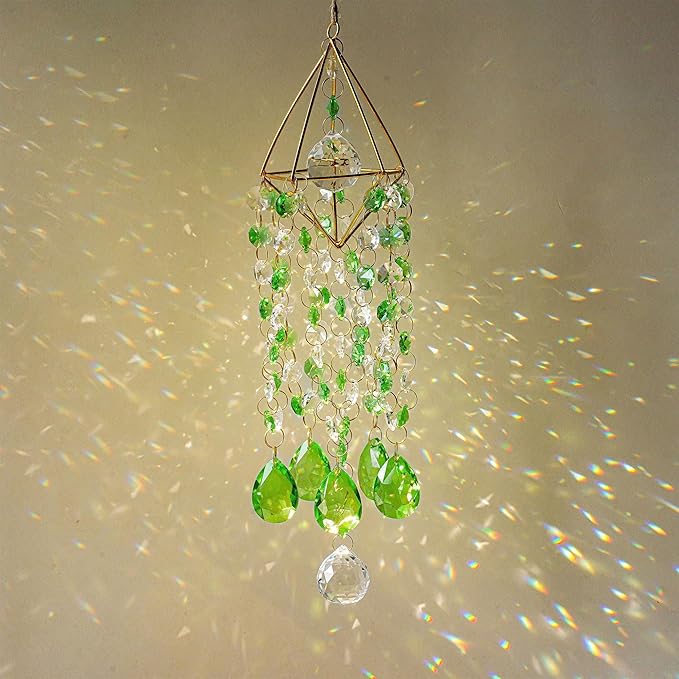 HDCRYSTALGIFTS Crystal Suncatcher Glass Wind Chimes Style Sun Catchers Indoor Window Rainbow Prisms Suncatcher for Window Hanging Home Garden Decor (21.5inch,Green)