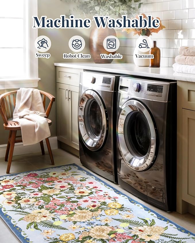 Floral Rug for Living Room - 4x6 Washable Area Rugs Non-Slip Soft Low-Pile Stain Resistant Carpet Unique Flower Print Vintage Indoor Rug for Bedroom Dining Room Office Nursery Room, Blue