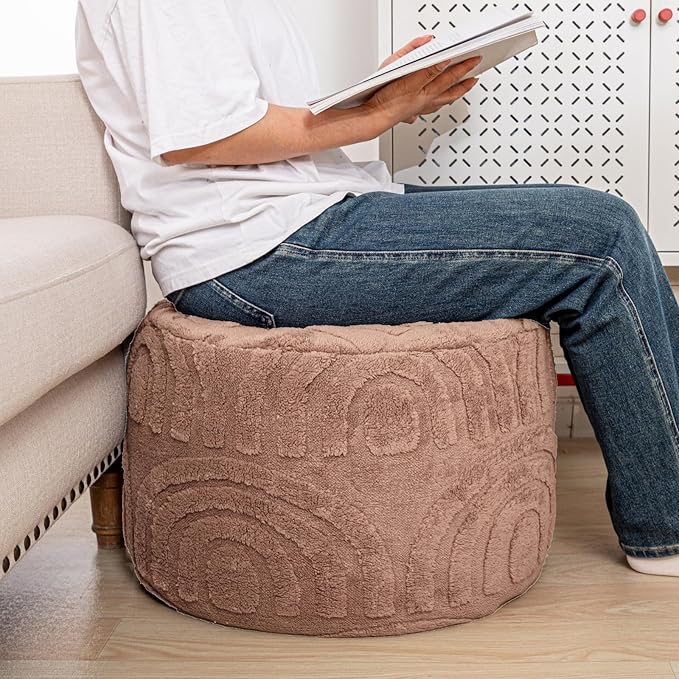 Asuprui Plush Fabric Ottoman Footrest – 20"x14" Soft Foam Pouf with Removable Cover Perfect for Living Room, Bedroom & Dorm(Light Coffee)