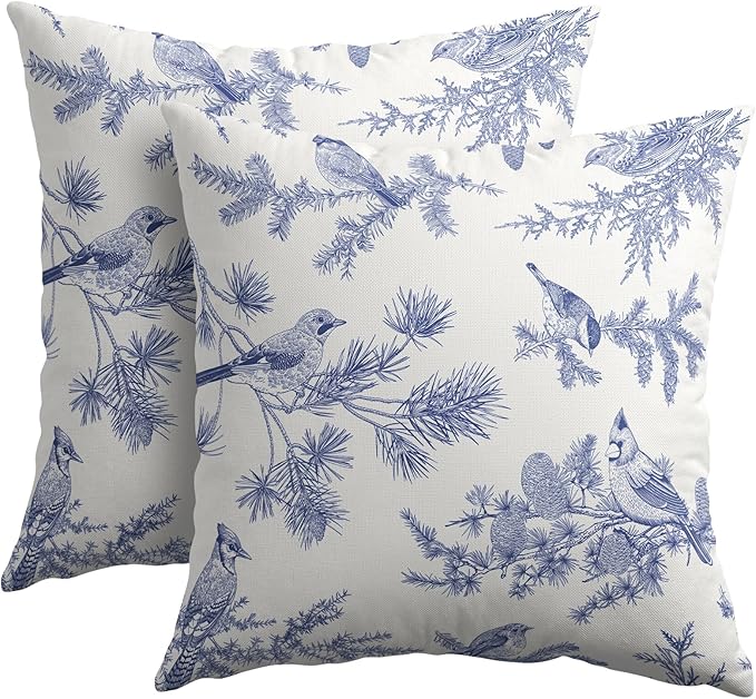 White Blue Bird Pillow Covers 20x20 Set of 2 Decorations Chinoiserie Vintage Throw Pillow Covers Decor Rustic Pillowcases Oriental Pattern Farmhouse Cozy Soft for Sofa Bed Chair Home Decorative