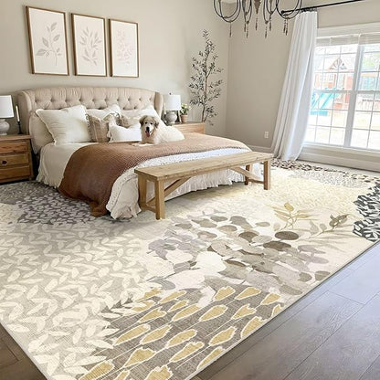 DEXDE Large Area Rugs 9x12 for Living Room, Floral Washable Rug Boho Print Vintage Low Pile Non Slip Carpet for Bedroom Kids Room Nursery Office Dinning Room, Gray