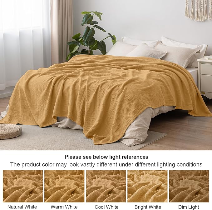 PHF 100% Cotton Muslin Throw Blanket 50" x 60", 4-Layer Lightweight Gauze Throw, Breathable Cloud-Soft Minimalist Blanket for Bed, Couch, Camping & Baby, Amber, Ideal Gift