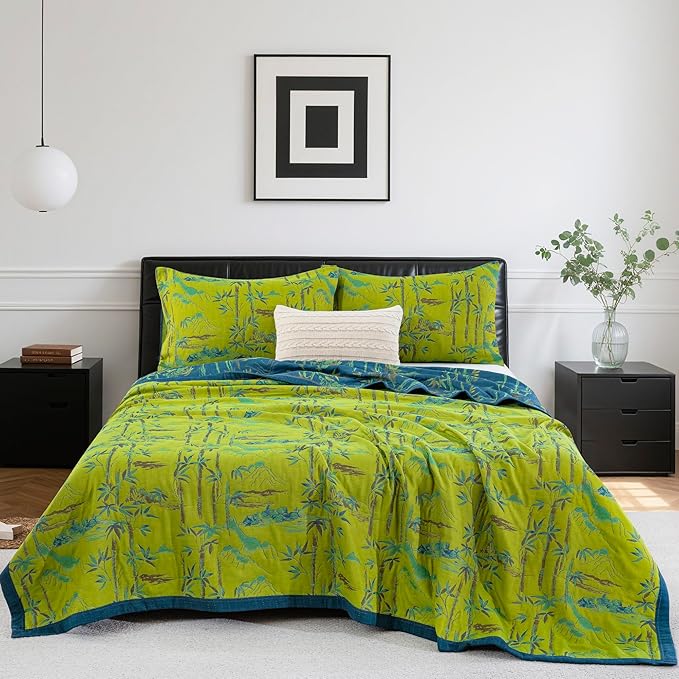 100% Cotton Muslin Jacquard 3 Piece Quilt Set Botanical Bamboo Leaf Print, Soft 3 Layers Gauze Bed Cover Reversible Bedspread Coverlet Breathable Lightweight Bedding Set, King
