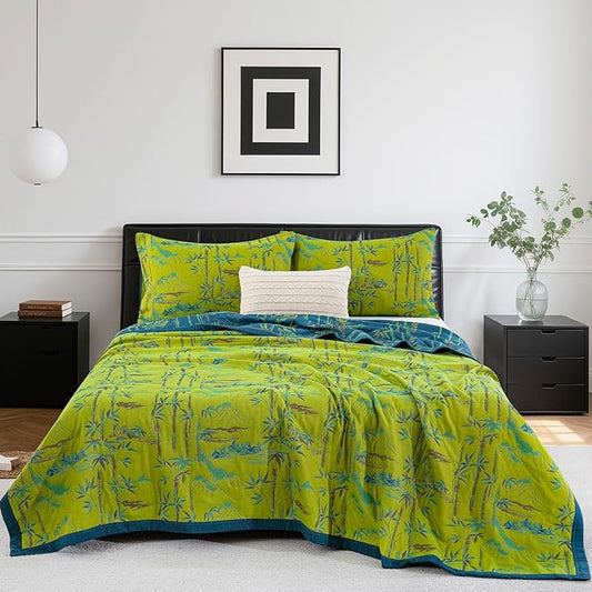 100% Cotton Muslin Jacquard 3 Piece Quilt Set Botanical Bamboo Leaf Print, Soft 3 Layers Gauze Bed Cover Reversible Bedspread Coverlet Breathable Lightweight Bedding Set, King