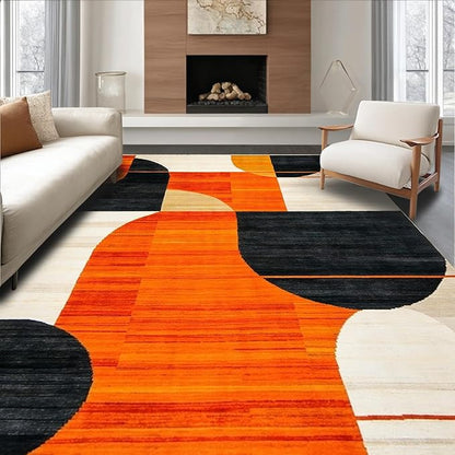 Flatwoven High Traffic Area Rug 6x9, Copper Black Orange Geometric Abstract Design, Non Slip, Stain Resistant, Washable Area Rugs for Living Room, Bedroom (Orange, 6x9)