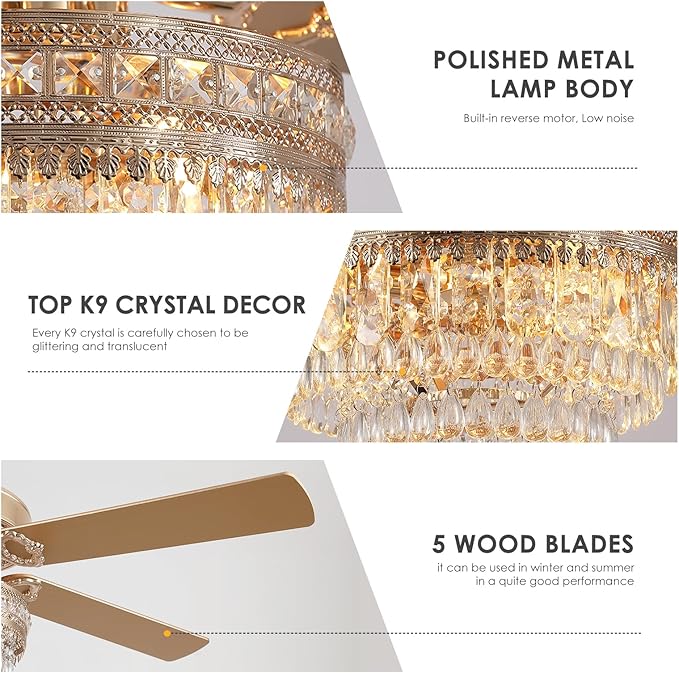 Asyko Crystal Ceiling Fan Fandelier with Lights - 62" Modern Outdoor Fans with Remote Control，Noiseless DC Motor, Retro/Farmhouse Lighting, Dining Room,Living Room (Gold