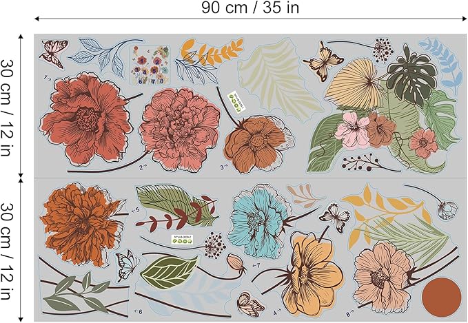 Large Boho Flower Wall Decals Floral Leaves Grass Butterfly Wall Stickers Removable Wall Art Decor for Living Room Bedroom