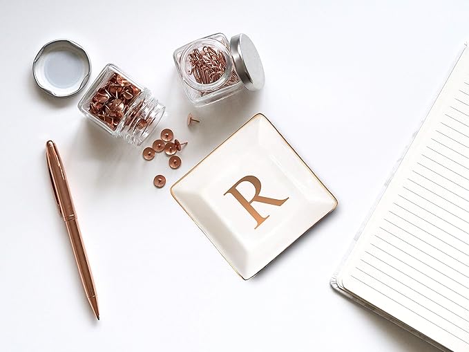 ANOTION Jewelry Tray Ring Dish with Ini-tial Gift- Personalized Trinket Dish and Jewelry Dish with Gold Initials Key Bowl Ceramic Holder, Unique Wedding or Engagement Present