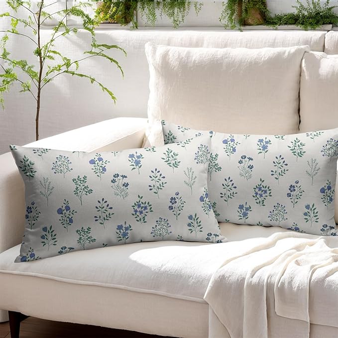 Blue Green Block Print Pillow Covers 12x20 Set of 2 Decorations Vintage Floral Throw Pillow Covers Decor Rustic Pillowcases Flower Pattern Farmhouse Cozy Soft for Sofa Bed Chair Home Decorative