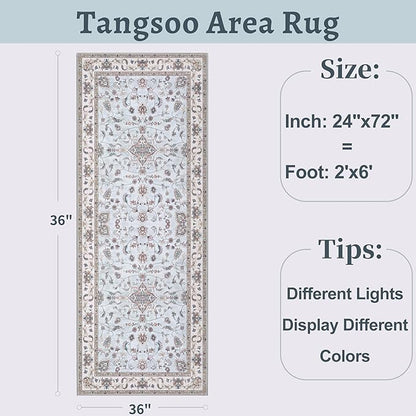 Tangsoo 2x6 Washable Runner Rug for Hallways,Vintage Boho Light Blue Non Slip Rug Runner, Soft Low Pile Floral Entryway Floor Carpet for Kitchen Bedside Bathroom Kid & Pets Friendly Home Decor