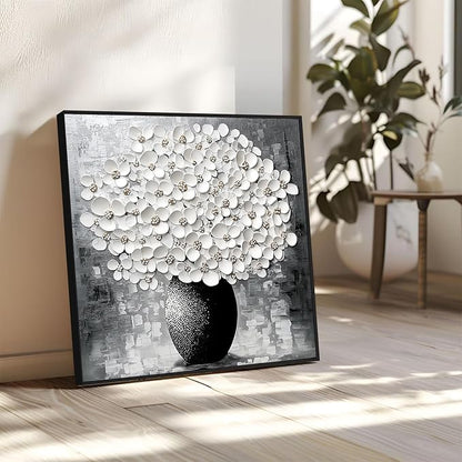 Glethua Flower Canvas Wall Decor, Abstract Floral Painting Print, White Blooming Flowers in Vase Picture Art, Modern Minimalist Still Life Artwork for Living Room Bathroom Bedroom Office (Black Framed, 40 x 40 in | 102 x 102cm)