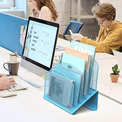 1Pack Inclined Desk File Organizer, 5-Section Vertical File Folder Holder Stand Metal Rack File Sorter for Office Classroom Desktop Organization,Blue