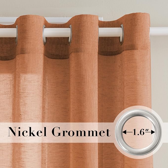H.VERSAILTEX Linen Curtains Natural Linen Blended Curtain Panels for Living Room/Light Reducing Linen Semi Sheer Curtains 2 Panels Set Nickel Grommet Window Panels (52x96 Inch, Orange)