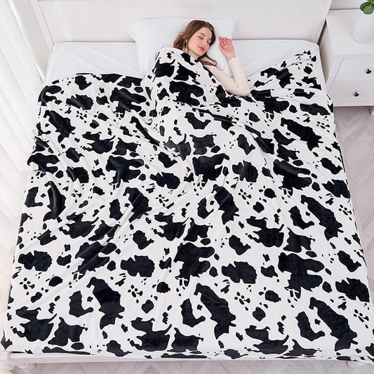 Viviland Fleece Blankets Queen Size Cow Print - 280GSM Lightweight Soft Fuzzy Cozy Plush Queen Blanket for Bed, 90x90 inches