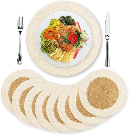 Eco Crave Jute Round Placemats Set of 8 – Hand Woven Natural Beige Jute with White Rim, 13 Inch Farmhouse Rustic Dining Drawstring Table Mats, Wicker Heat Resistant Durable Eco-Friendly Table Decor