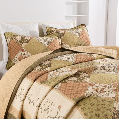 SahSahCasa 100% Cotton 120"x120" Oversized California King Bedspread Coverlet Quilt Set, Cal King Quilted Bedspread Extra Large Quilt, Floral XL Bed Spread Lightweight Comforter, Beige/Green/Brown