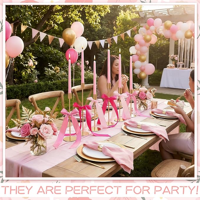 6 Set Pink Party Decorations, 6 Candle Holders and 6 Ribbon Bow, Metal Brass Gold Candlestick Holders for Table Wedding Bachelorette Birthday Party Supplies