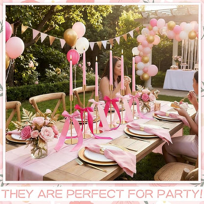 6 Set Pink Party Decorations, 6 Candle Holders and 6 Ribbon Bow, Metal Brass Gold Candlestick Holders for Table Wedding Bachelorette Birthday Party Supplies