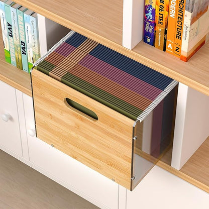 Letter/Legal Bamboo Acrylic File Box Organizer, Hanging File Folder Storage Boxes, Decorative Document Crate Transparent Filing Bin with Handle for Home Office Desk