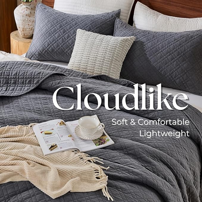 Twin Quilt Set with Sham Lightweight Quilted Bedspread Coverlet Thin Comforter Bed Cover Vintage Washed Quilted Blanket for All Season, Brushed Microfiber Diamond Stitching, Ash Gray, 66"x92"