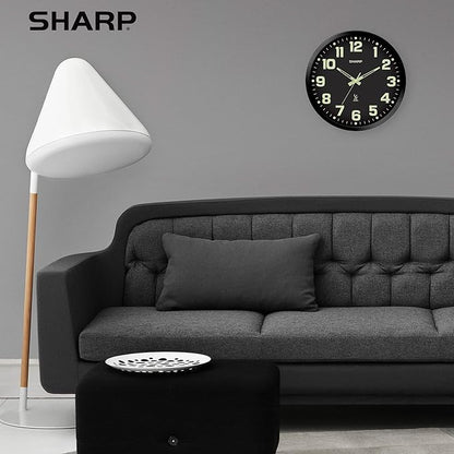 Sharp Glow in The Dark Atomic Analog Wall Clock - 12" Clock with Black Frame - Sets Automatically - Battery Operated - Easy to Read - Easy to Use – See Day or Night!