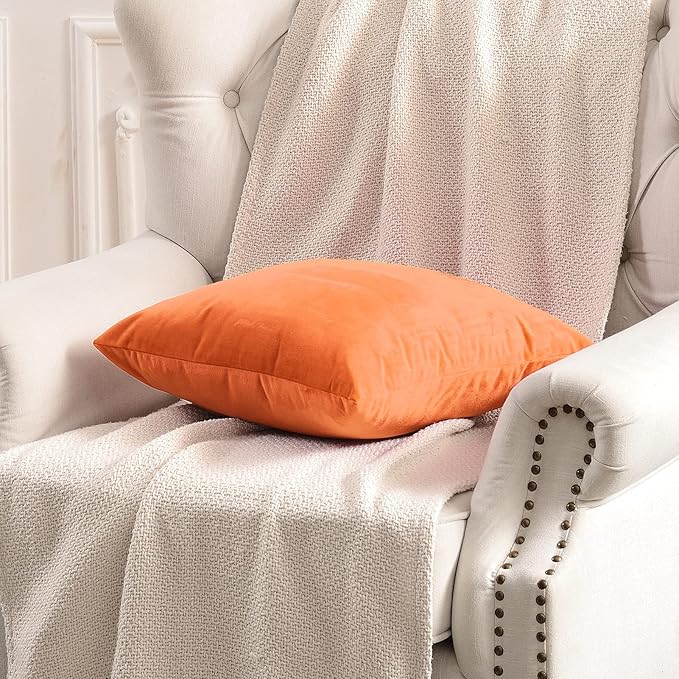 FY FIBER HOUSE Pack of 2 Velvet Throw Pillow Covers Decorative Square Pillowcase Soft Solid Cushion Case for Sofa/Couch Use, 18 x 18 Inch Orange