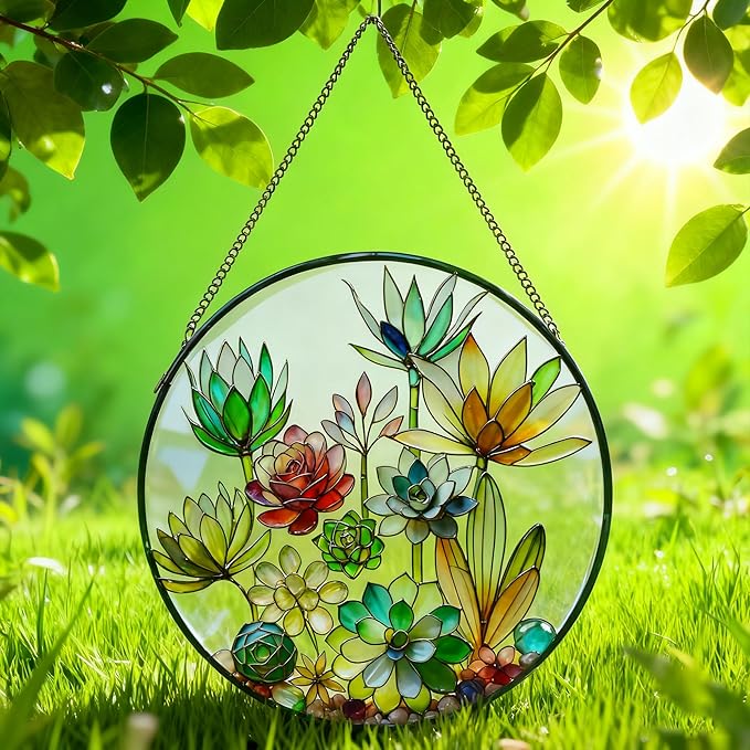 Stained Glass Window Hanging, 9.8'' Succulents Sun Catcher Glass Panel Home Garden Decor with Chain, Green Plants Stained Glass Sunatcher Gift for Nature Lover, Mom, Friends