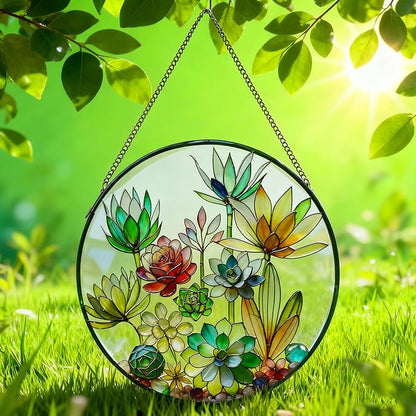 Stained Glass Window Hanging, 9.8'' Succulents Sun Catcher Glass Panel Home Garden Decor with Chain, Green Plants Stained Glass Sunatcher Gift for Nature Lover, Mom, Friends