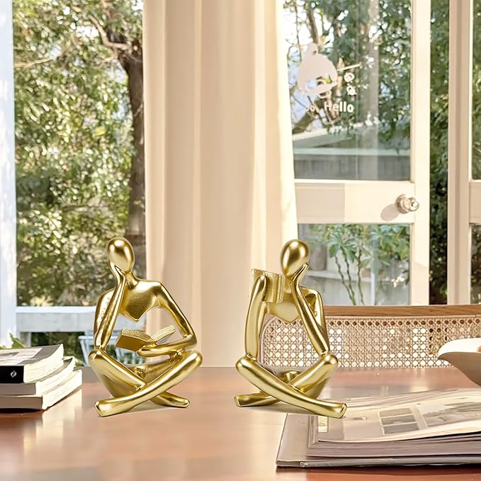 Reading Thinker Statue, Sculptures Abstract Art Ornament, Modern Aesthetic Figurine Decoration Set of 2 Status for Home Living Room Bedroom Office Shelf Table Desk Bookshelf Decor (Gold)