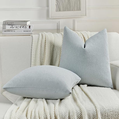 FUTEI Dusty Blue Chenille Decorative Throw Pillow Covers 22x22 Inch Set of 2,Soft Cozy Faux Linen Textured Cushion Case,Farmhouse Home Decor for Couch Living Room