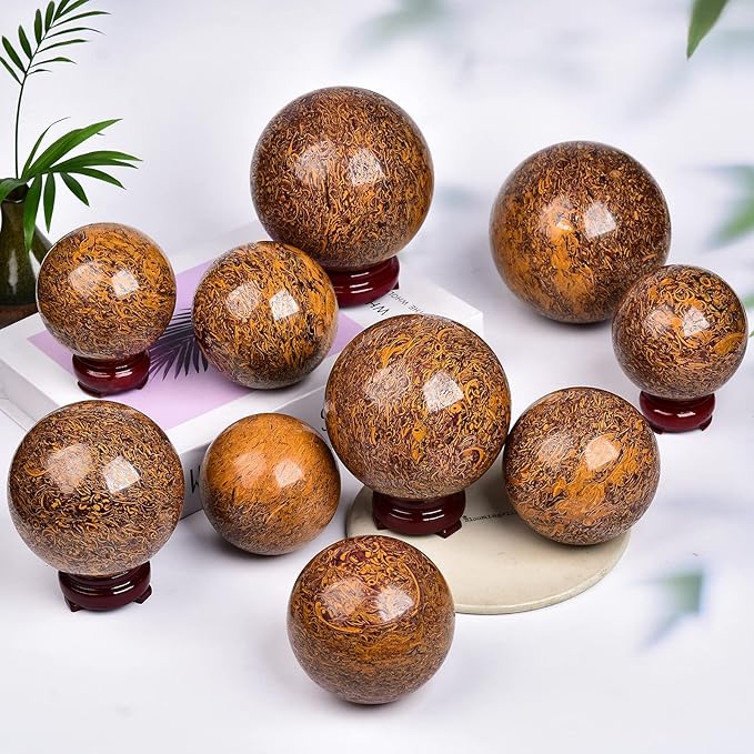 JIC Gem Reiki Healing Crystals Sphere Ball Natural Golden Silk Jade Gemstone with Decorative Stand Home Decoration (50-60mm)