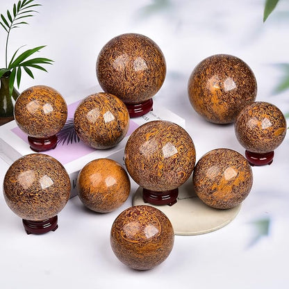 JIC Gem Golden Jade Quartz Crystal Ball Healing Crystal Gemstone Sphere with Decorative Wooden Stand for Meditation Gifts Decoration (80-90mm)