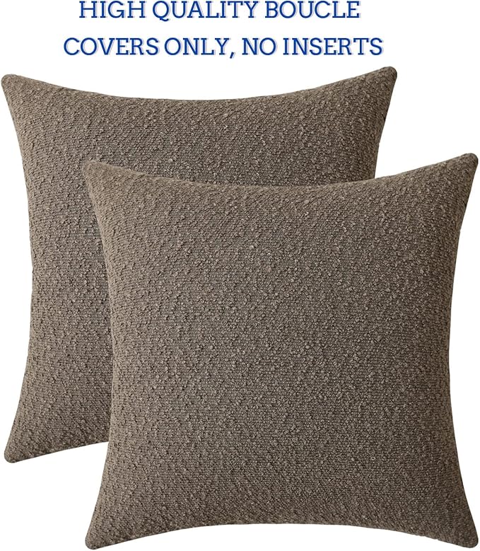 Jeneoo Light Brown Decorative Square Thick Throw Pillow Covers Fine Textured Boucle Couch Cushion Cases for Living Room Sofa Home Decor, Set of 2, 18 x 18 Inch
