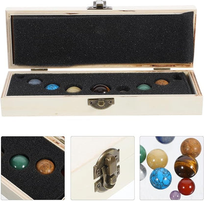 Garneck Mineral Nine Planets Solar System Decor Set with Natural Crystal Spheres, Round Planet Stones Desktop Adornments for Science Education and Home Display in Wooden Box