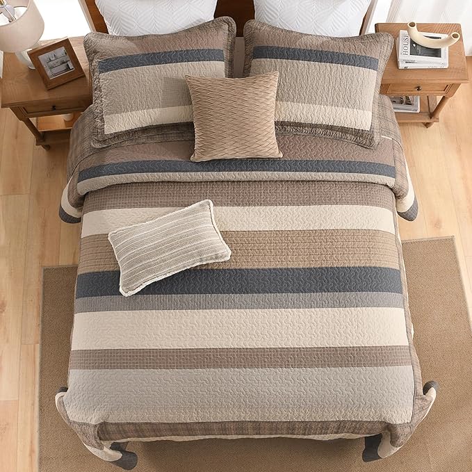SahSahCasa 120"x120" 100% Cotton Oversized California King Bedspread Coverlet Quilt Set, Cal King Quilted Striped Bedspread Extra Large Quilt, XL Bed Spread Lightweight Comforter,Charcoal/Beige/Brown