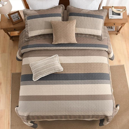 SahSahCasa 120"x120" 100% Cotton Oversized California King Bedspread Coverlet Quilt Set, Cal King Quilted Striped Bedspread Extra Large Quilt, XL Bed Spread Lightweight Comforter,Charcoal/Beige/Brown