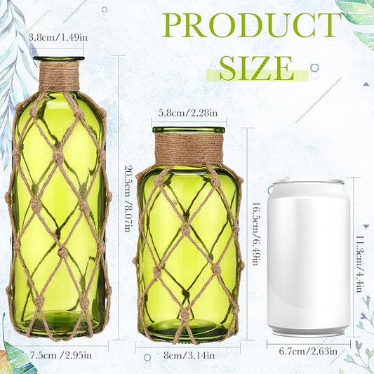 Chuangdi Set of 2 Coastal Glass Vases Christmas Vases for Flowers with Boho Rope Christmas Centerpieces for Tables Small Beach Bottle for Nautical Wedding Floral Arrangement Decorations(Olive Green)