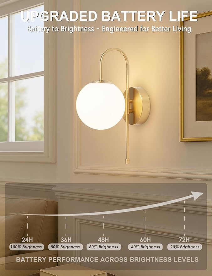 Battery Operated Globe Wall Sconces Set of 2, Wireless Gold Wall Lights with Remote Control, Rechargeable 3 Color Stepless Dimming Gooseneck Wall Decor Lamp for Bedroom Living Room Hallway