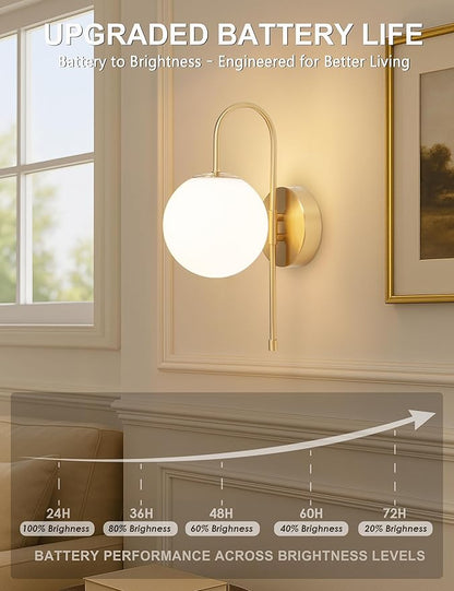 Battery Operated Globe Wall Sconces Set of 2, Wireless Gold Wall Lights with Remote Control, Rechargeable 3 Color Stepless Dimming Gooseneck Wall Decor Lamp for Bedroom Living Room Hallway