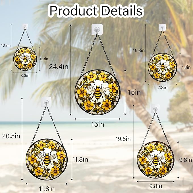 Stained Glass Window Hanging - Yellow Flowers Surrounded by Bees Sun Catcher for Door Garden Home Decor Cute Suncatcher Christmas Mother's Day Birthday Gifts for Women Men Mom Nana 7.8 in