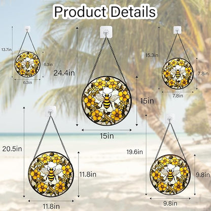 Stained Glass Window Hanging - Yellow Flowers Surrounded by Bees Sun Catcher for Door Garden Home Decor Cute Suncatcher Christmas Mother's Day Birthday Gifts for Women Men Mom Nana 9.8 in