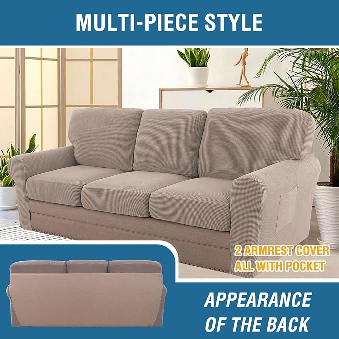 H.VERSAILTEX Multi-Pieces Sofa Covers Stretch Couch Covers Form Fitted Seats and Back Cushions Covers (3 Seat Covers Plus 3 Back Cusion Covers, Bonus 2 Armrest Covers), Sand