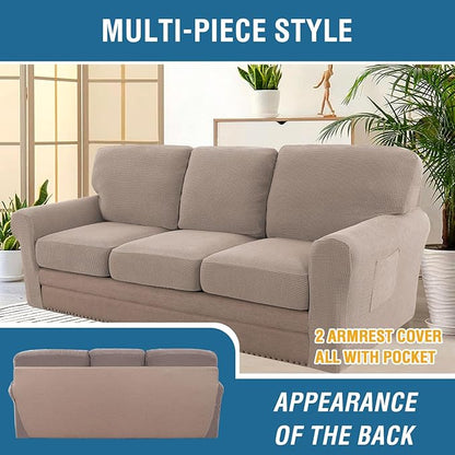 H.VERSAILTEX Multi-Pieces Sofa Covers Stretch Couch Covers Form Fitted Seats and Back Cushions Covers (3 Seat Covers Plus 3 Back Cusion Covers, Bonus 2 Armrest Covers), Sand