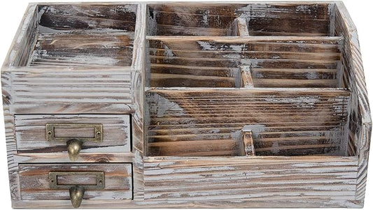 Liry Products Rustic Torched Wooden Desktop Organizer Dark Brown Tabletop Storage Cabinet Stepped Rack Multiple Compartments 2 Tier Drawers Makeup Accessory Sorter Display Box Home Office Supplies