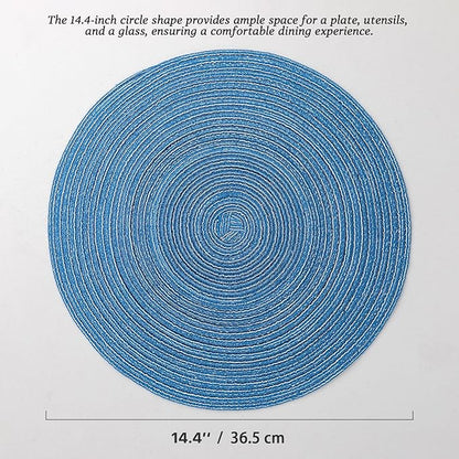 Round Placemats Set of 6 Woven Placemats Washable Braided Table Mats for Dining Table Heat Resistant Non-Slip Circle Place Mats(Mid Blue)