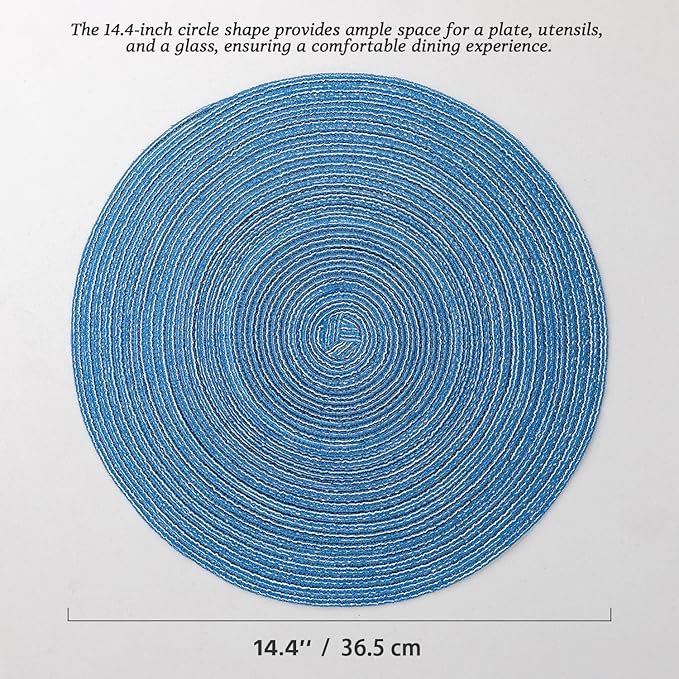Round Placemats Set of 4 Woven Placemats Washable Braided Table Mats for Dining Table Heat Resistant Non-Slip Circle Place Mats(Mid Blue)
